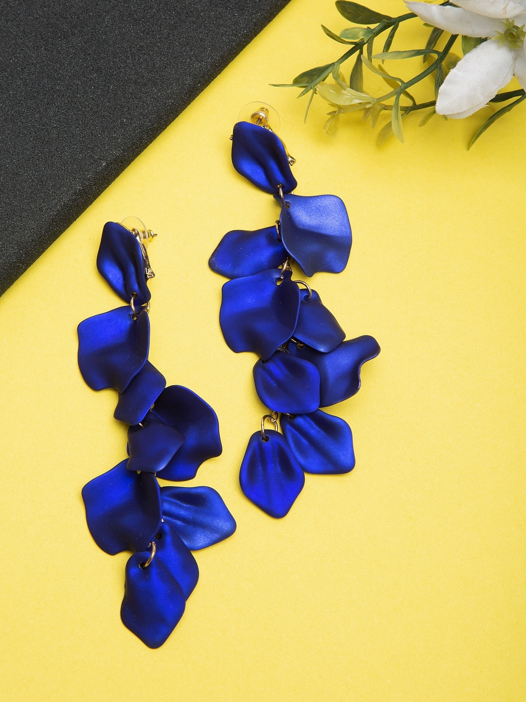 YouBella Blue Contemporary Floral Petal Drop Earrings