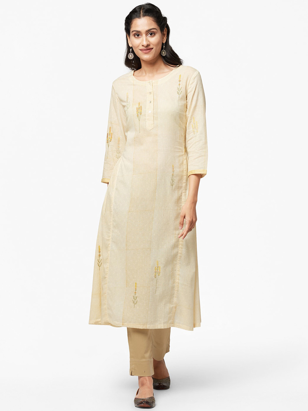 

Fabindia Women Yellow Embroidered Thread Work Dobby A-Line Kurta