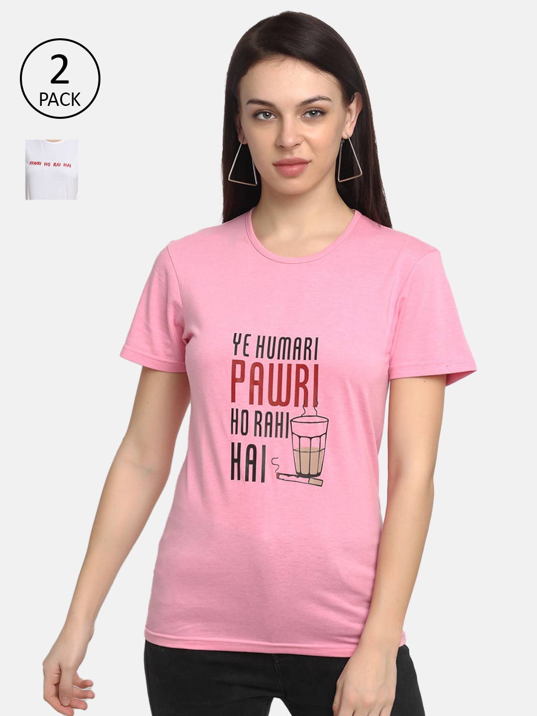 

VIMAL JONNEY Women Cotton Pink & White Typography Printed T Shirt Pack Of 2