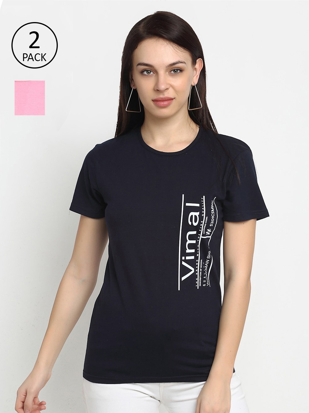 

VIMAL JONNEY Women Pack Of 2 Pink & Navy Blue Typography Printed T-shirt