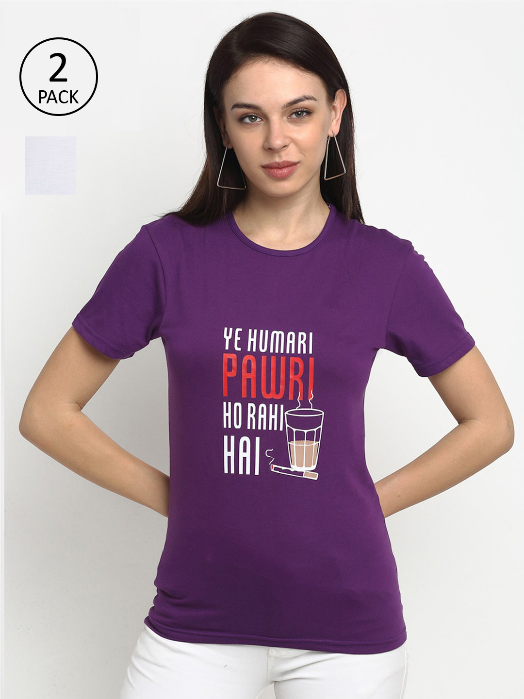 

VIMAL JONNEY Women Set of 2 Purple & White Typography Printed T-shirts