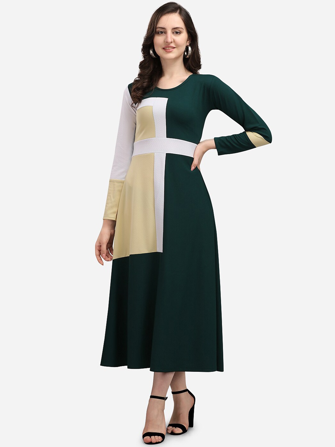 

PURVAJA Green Colourblocked A-Line Midi Dress