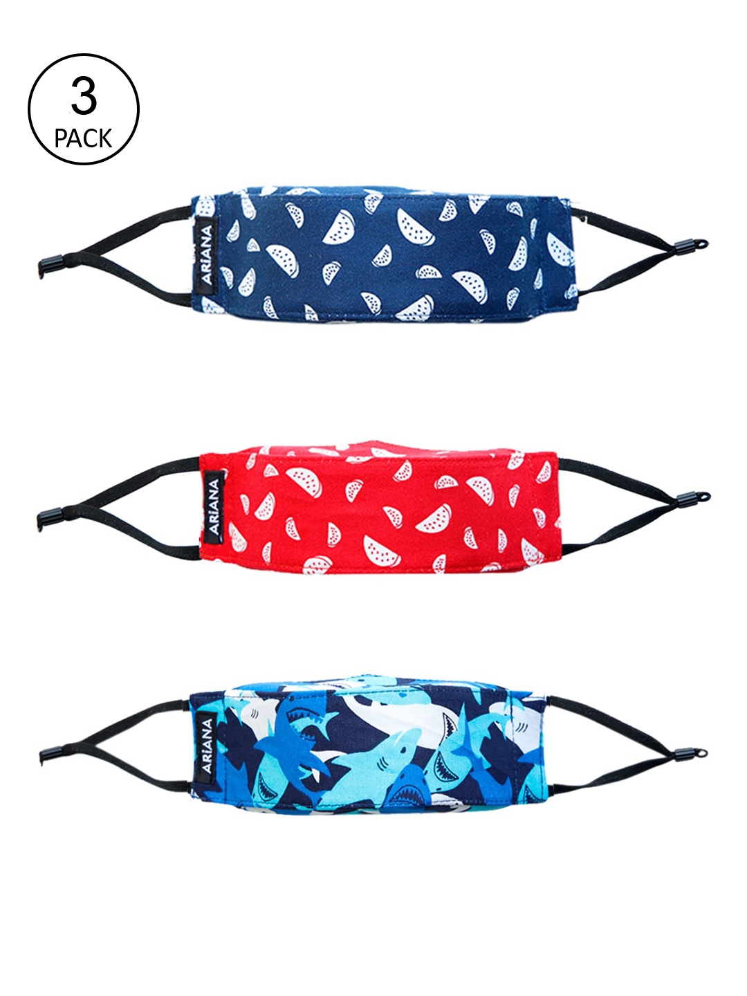 

Ariana Kids Pack Of 3 Printed Cotton 7-Ply 3D Reusable Cloth Face Masks, Navy blue