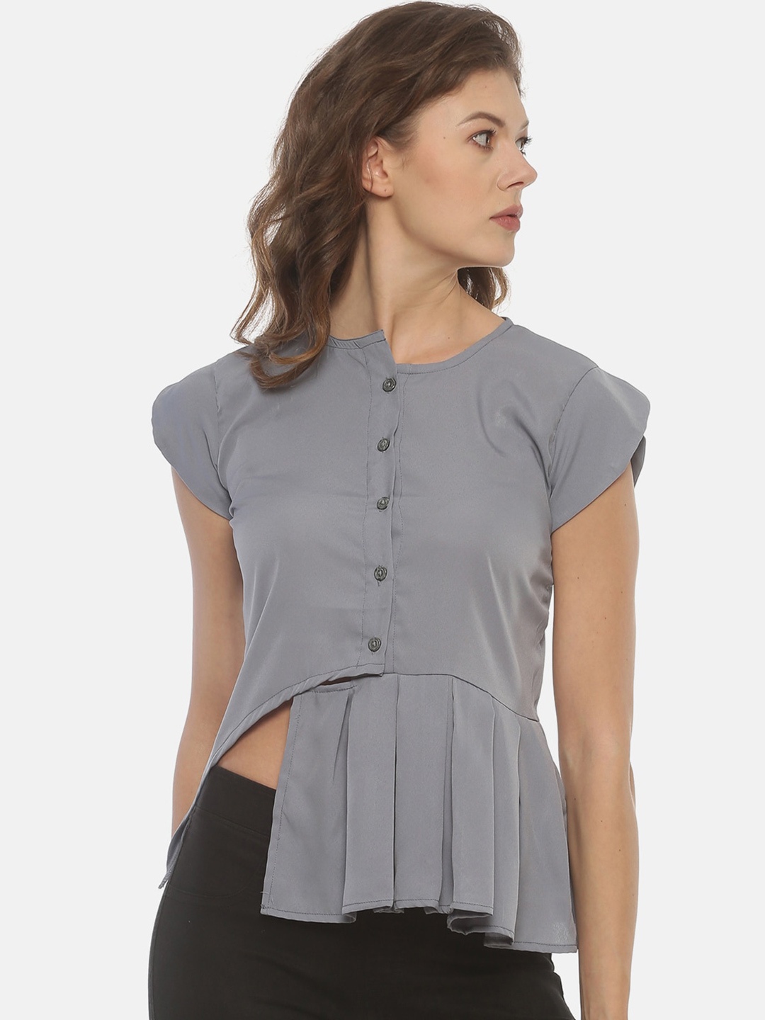 

COUPER & COLL Grey Ruffles Crepe Shirt Style Top