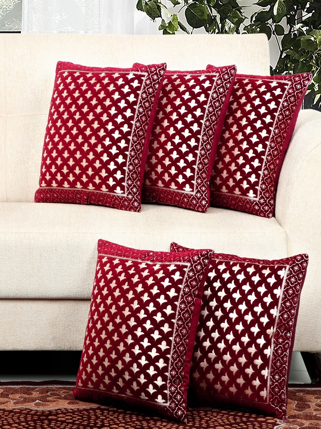BELLA TRUE Maroon & Silver-Toned Set of 5 Square Cushion Covers
