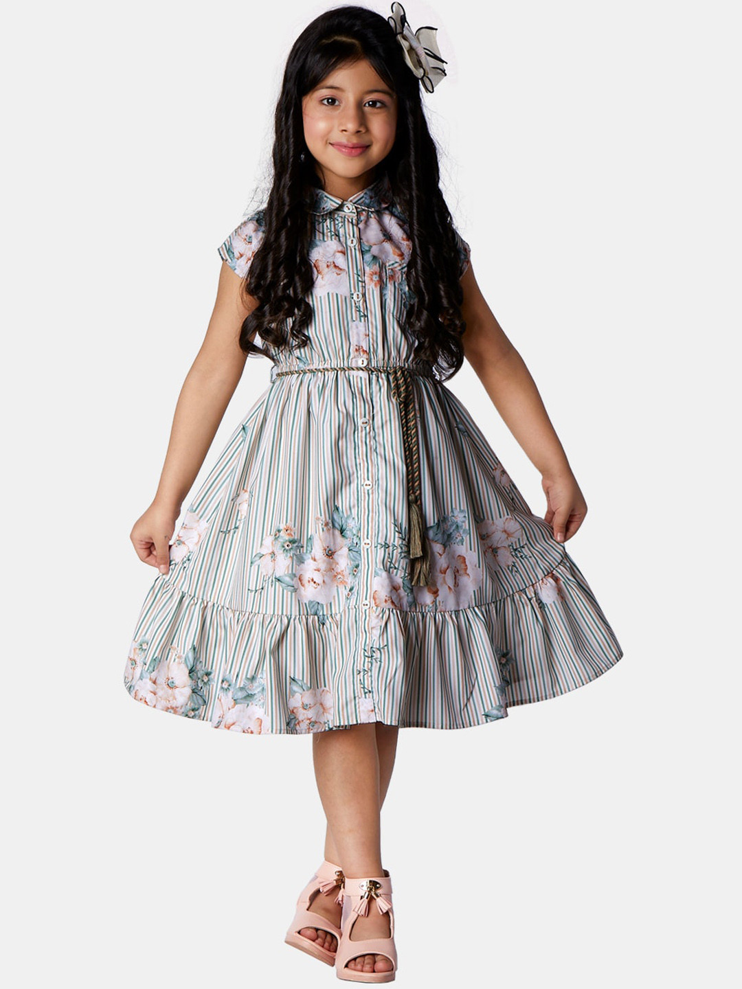 

Peppermint Girls Green & Pink Floral Print Pure Cotton Fit & Flare Dress
