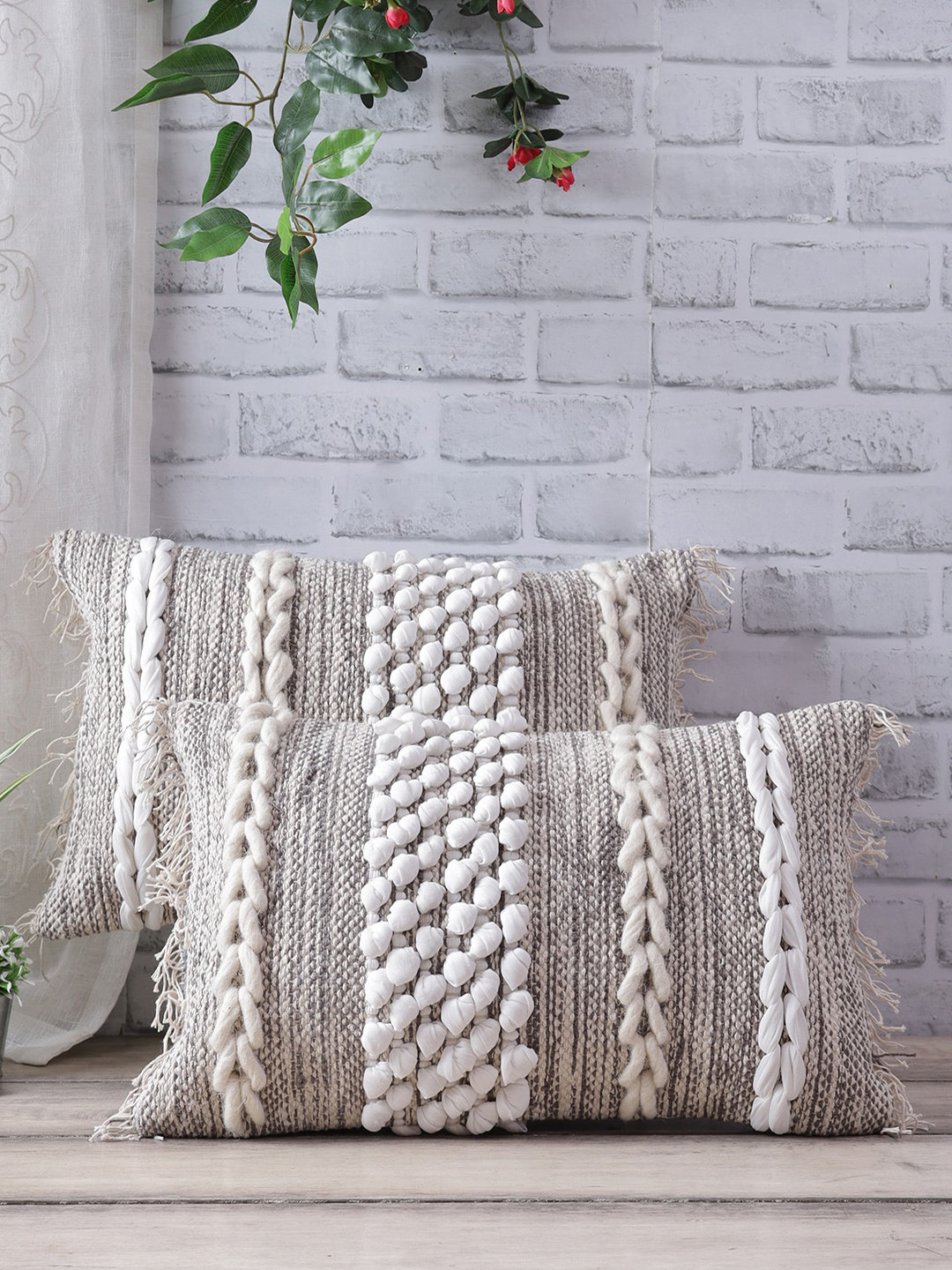 

eyda Set Of 2 White & Grey Striped Rectangle Cushion Covers