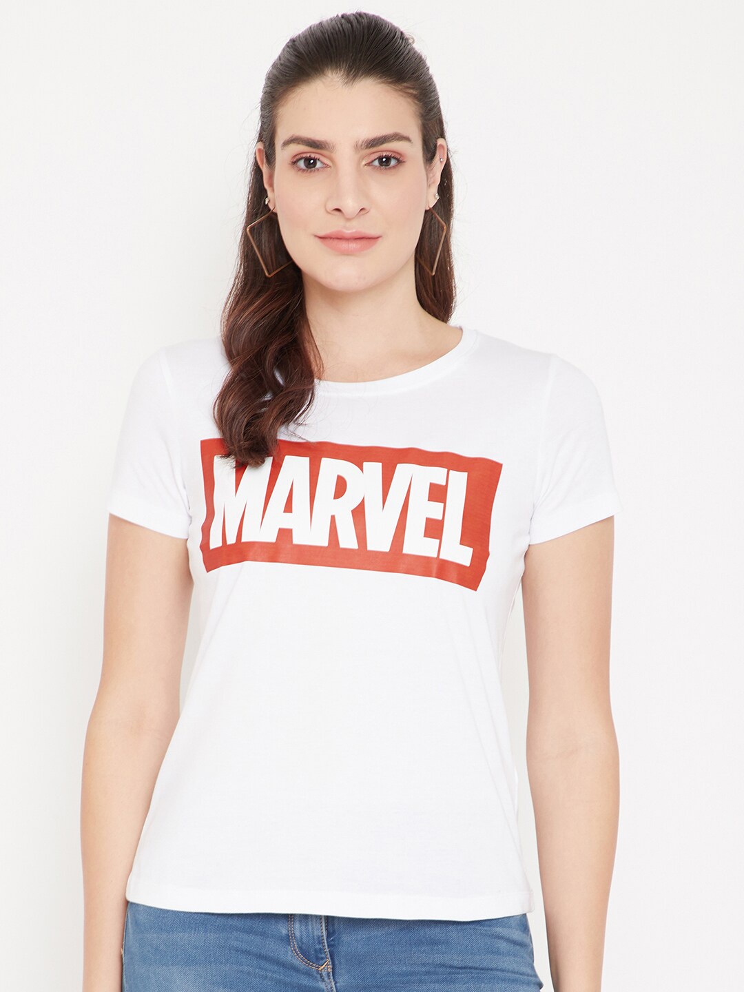 

Marvel by Wear Your Mind Women White Red Marvel Typography Pure Cotton T-shirt
