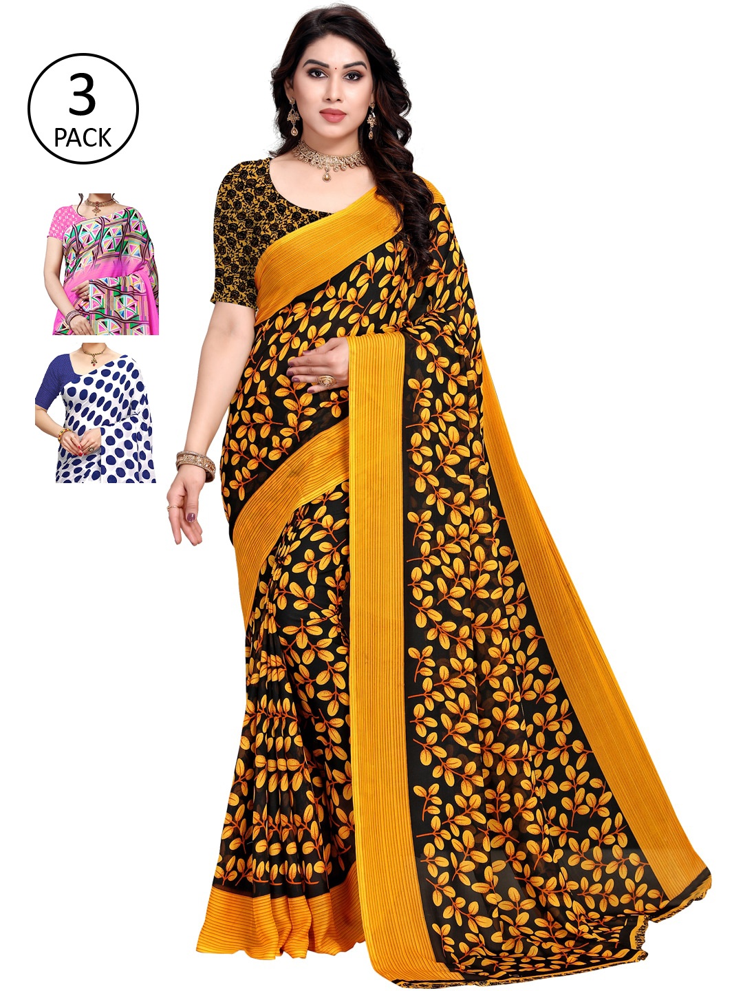 

KALINI Yellow & White Pack of 3 Floral Saree