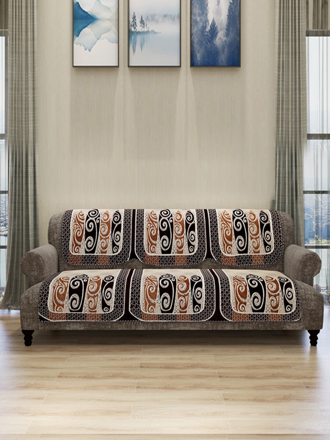 

ROMEE Coffee Brown & Beige 5-Seater Abstract Sofa Covers
