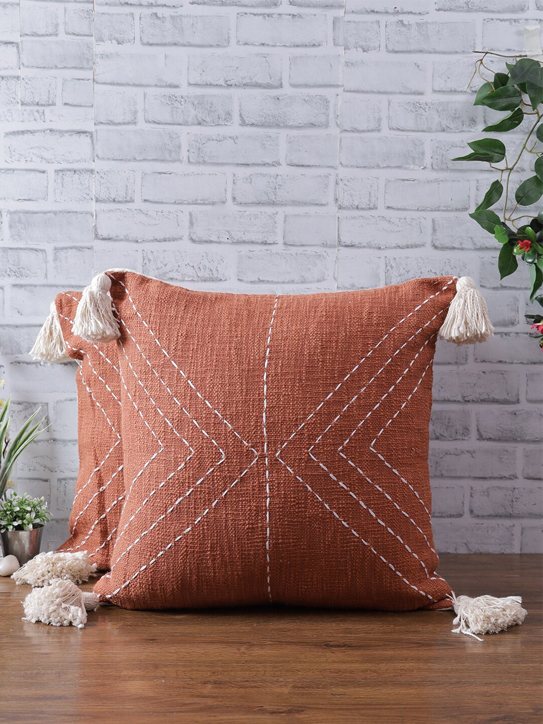 

eyda Set Of 2 Rust Brown & White Embroidered Square Cushion Covers