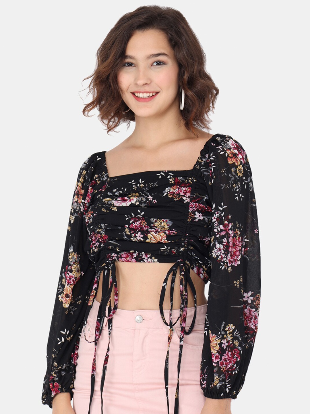 

Trend Arrest Black Floral Printed Georgette Regular Crop Top