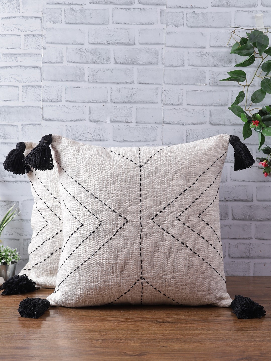 

eyda Set Of 2 White & Black Embroidered Square Cushion Covers