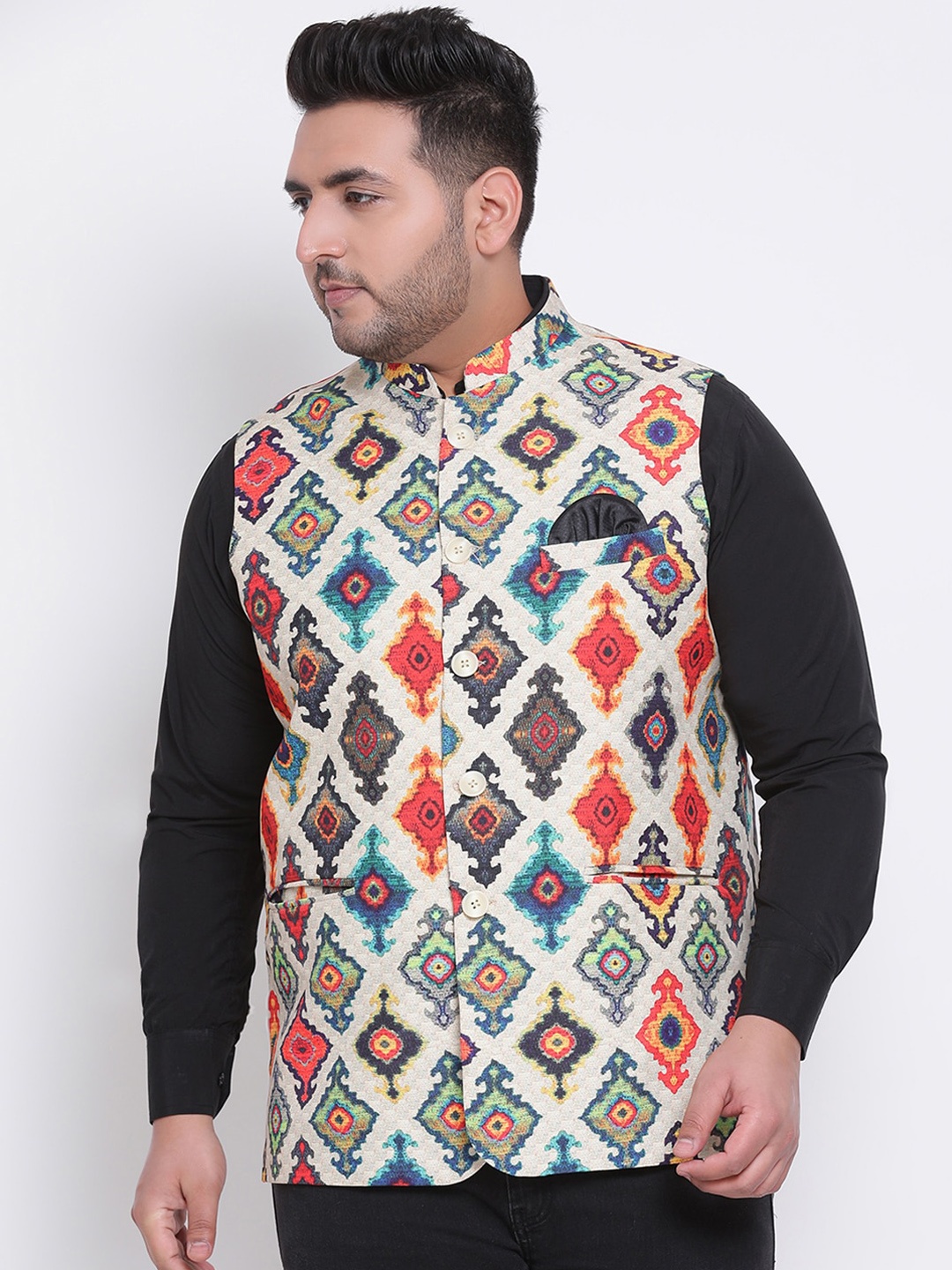 

hangup plus Men Cream-Coloured & Orange Woven-Design Nehru Jacket