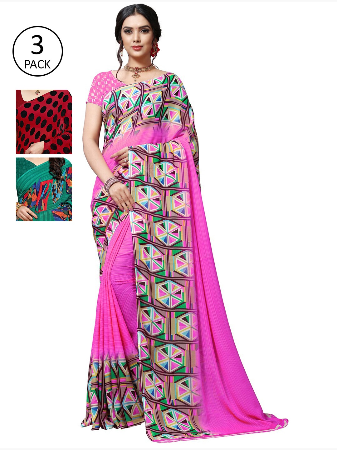 

KALINI Pack of 3 Poly Georgette Saree, Red