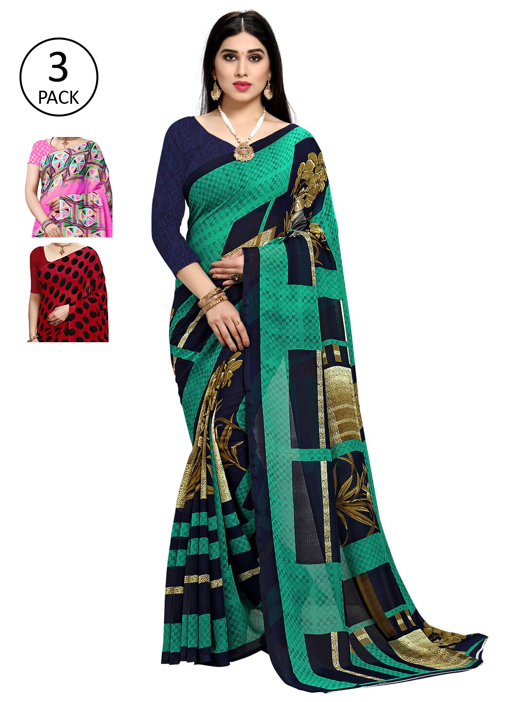 

KALINI Green & Pink Pack of 3 Saree