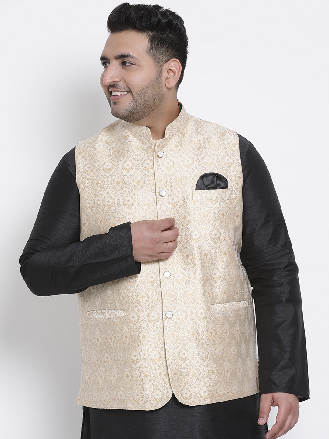 

hangup plus Men Beige Woven-Design Nehru Jacket