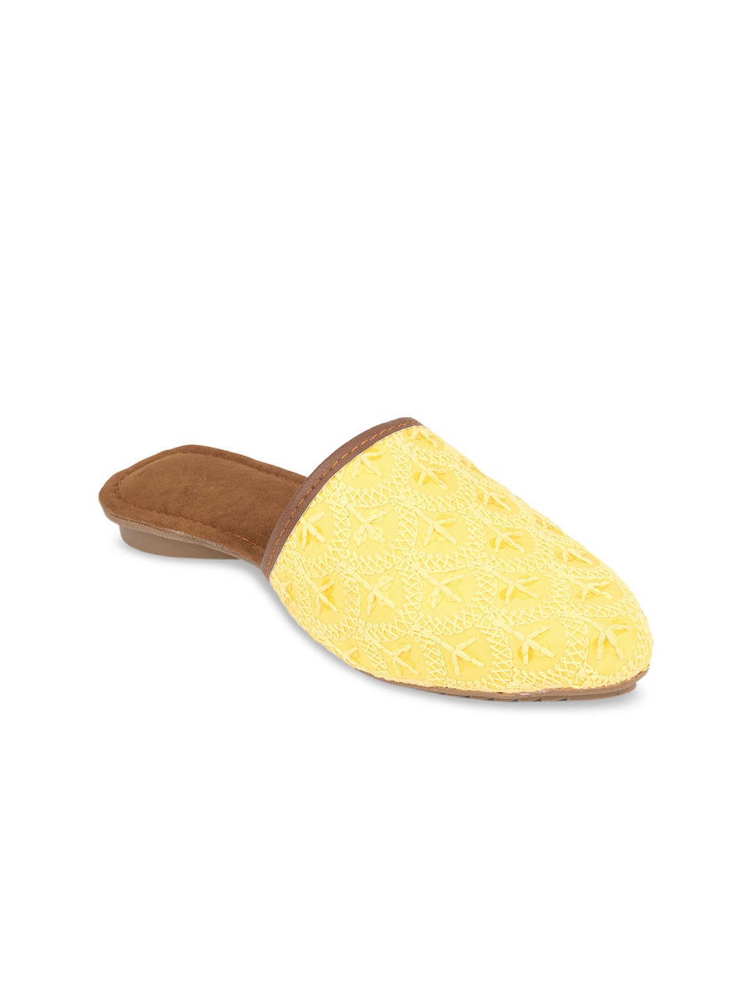 

DESI COLOUR Women Yellow Embroidered Mules Flats