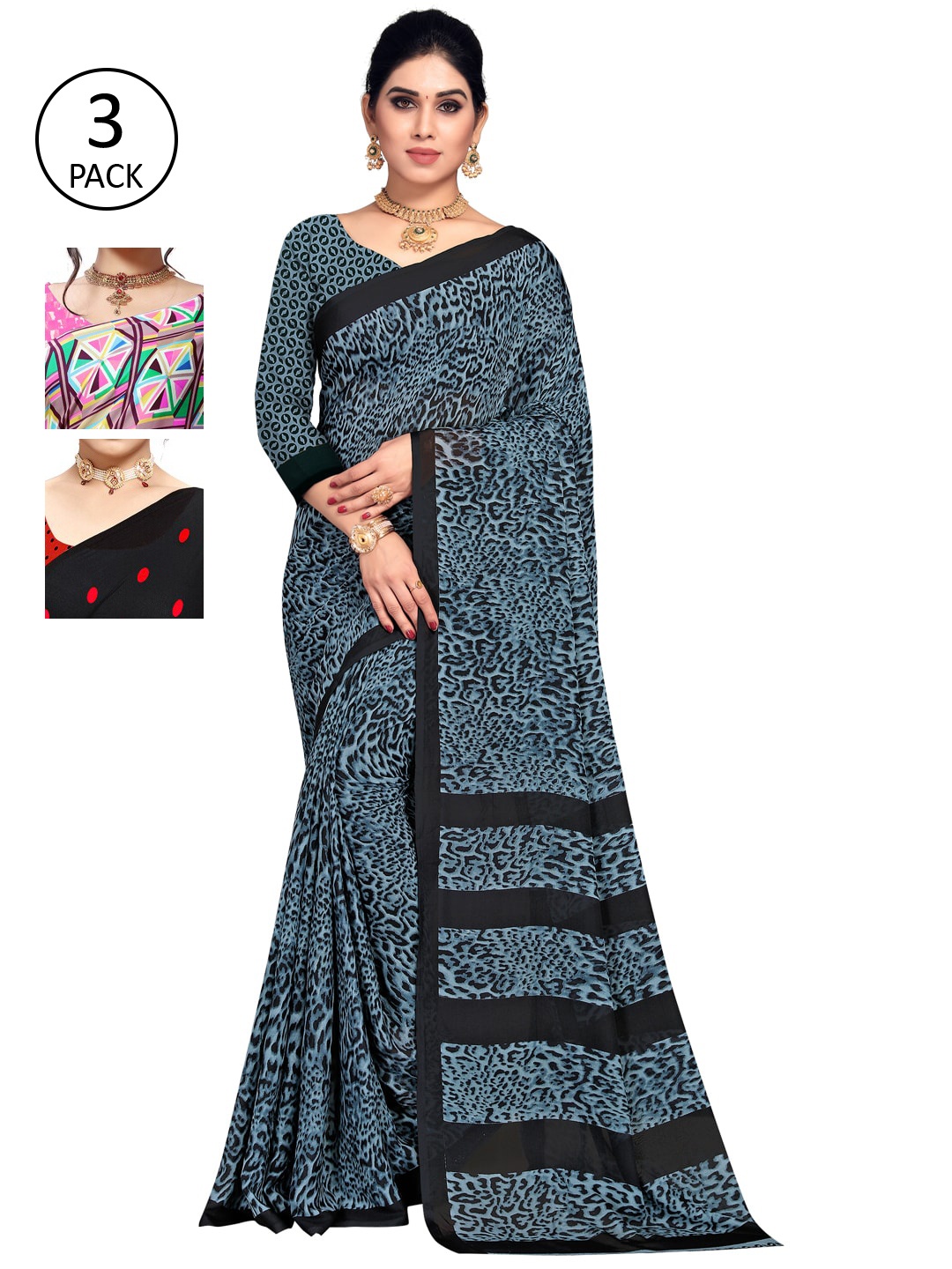 

KALINI Pack of 3 Poly Georgette Sarees, Pink