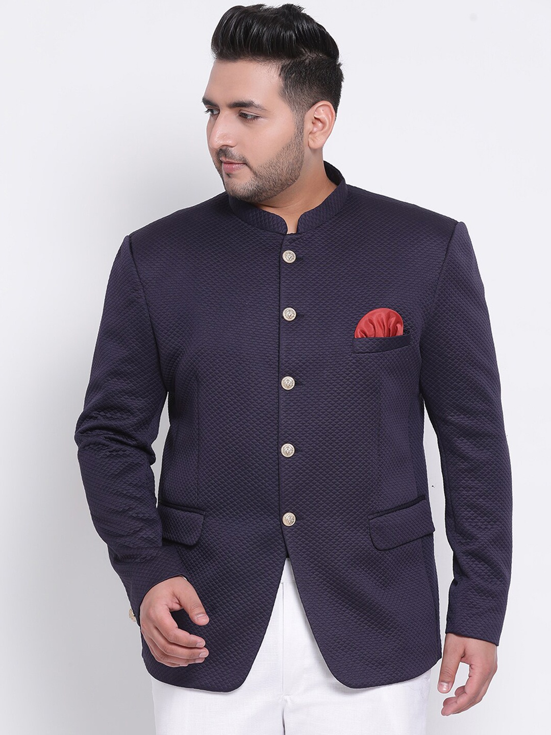 hangup plus Men Navy Blue Solid Bandhgala Ethnic Blazer