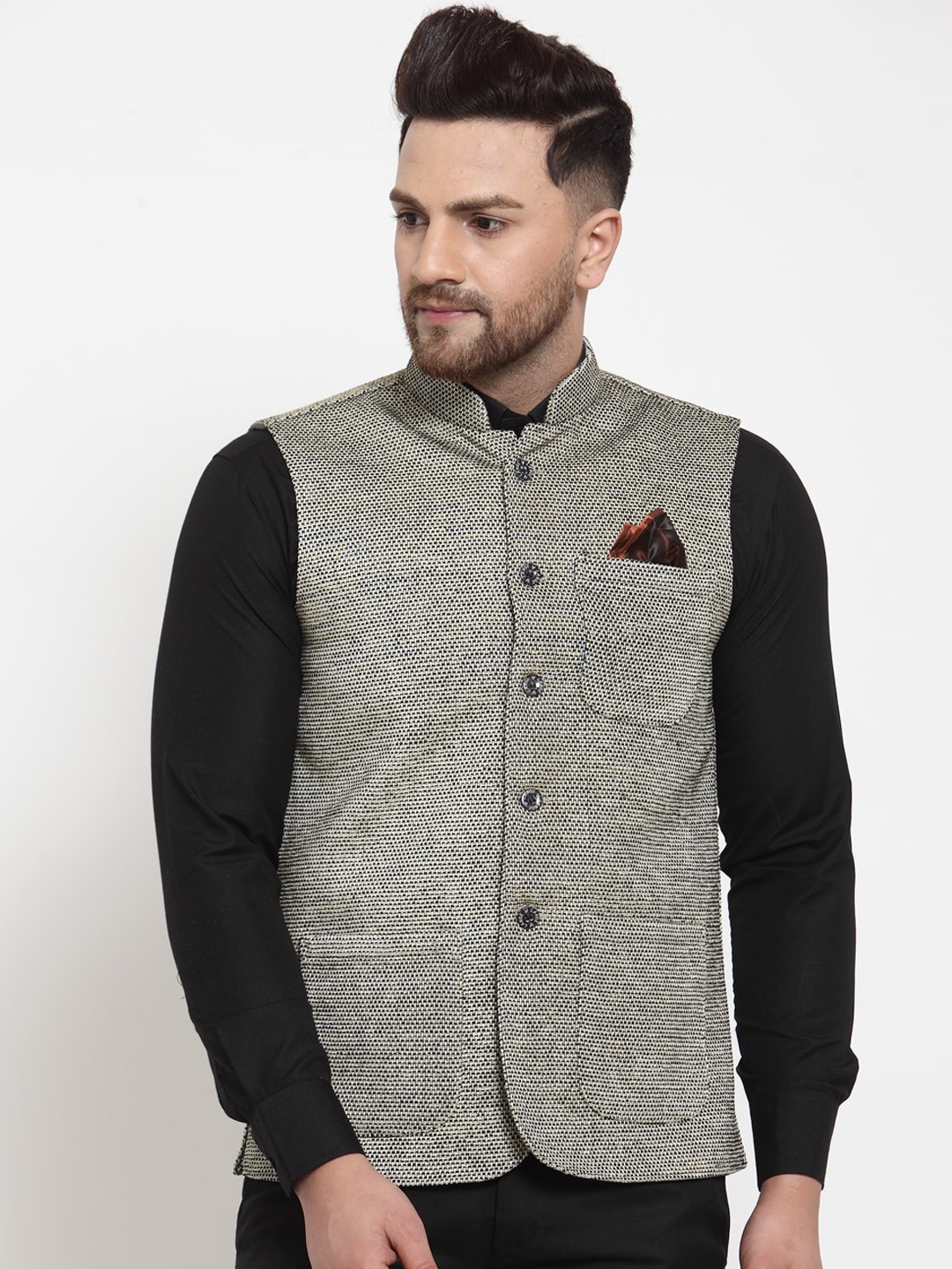 

KLOTTHE Men Black & White Woven-Design Nehru Jacket
