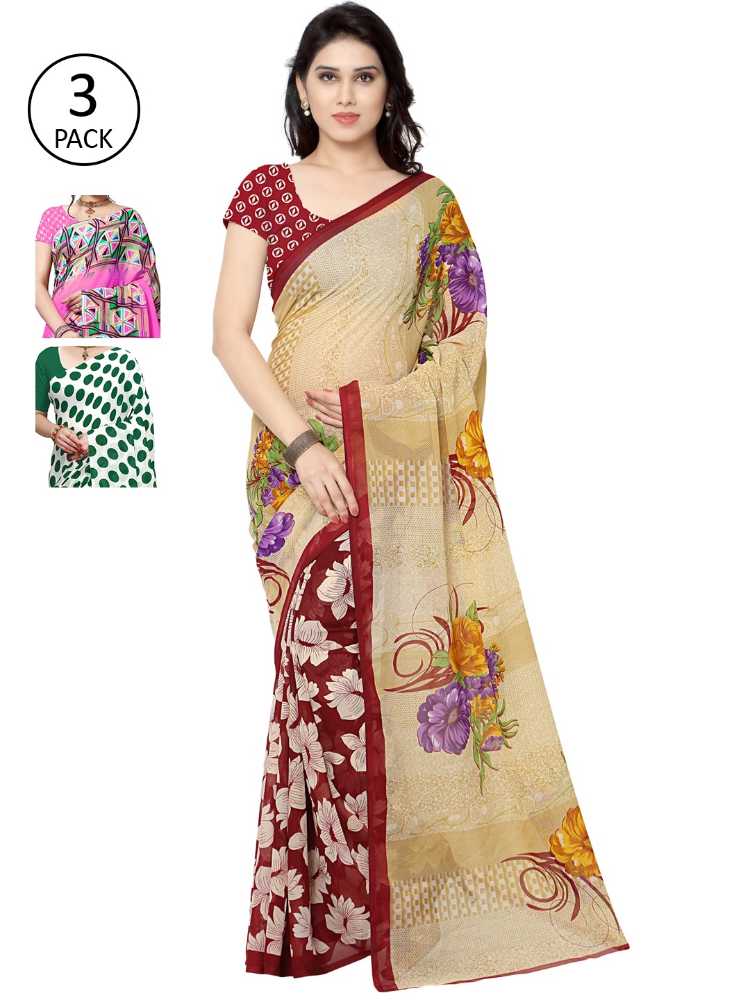 

KALINI Pack of 3 Poly Georgette Saree, Pink