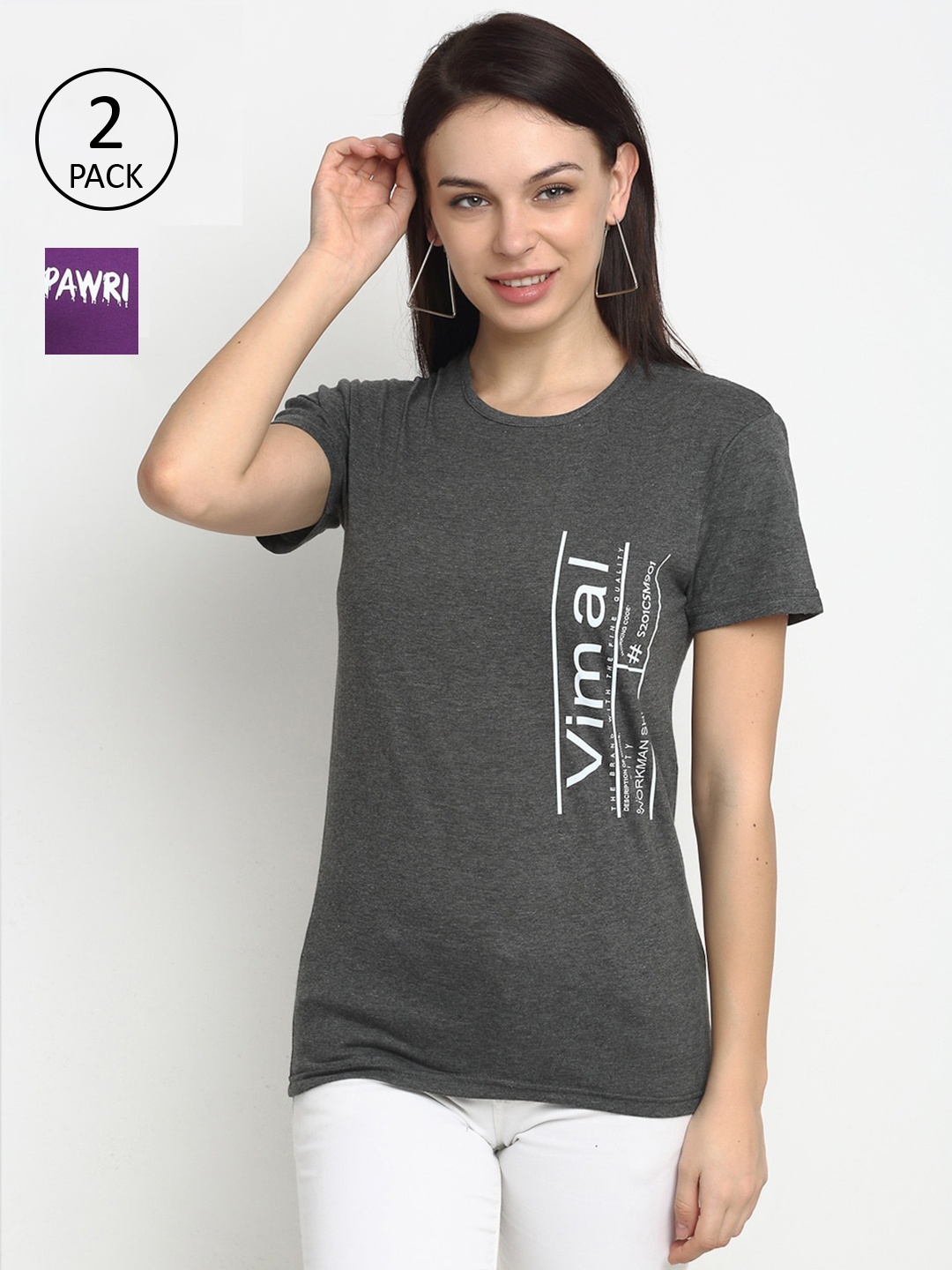 VIMAL JONNEY Women Pack of 2 Grey & Purple Typography Printed T-shirt