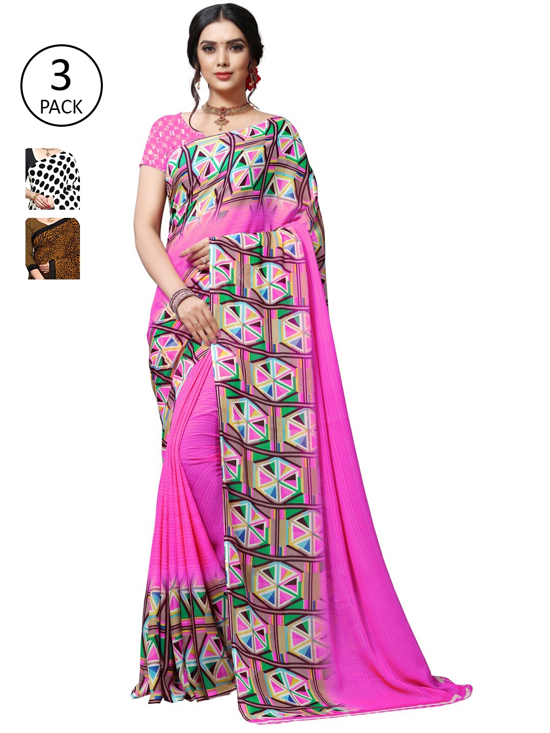 

KALINI Pack of 3 Poly Georgette Saree, Pink