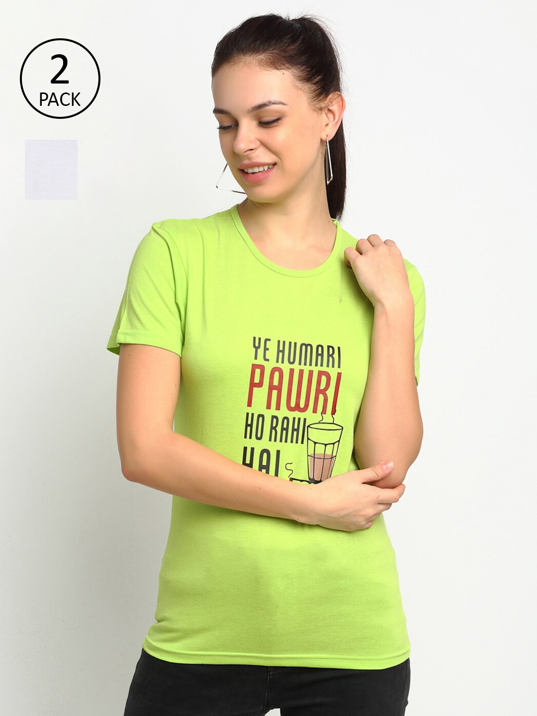 

VIMAL JONNEY Women Pack Of 2 Green & White Graphic Printed Cotton Blend T-shirts