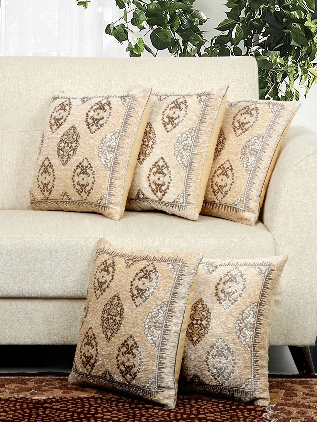 BELLA TRUE Cream & Grey Set of 5 Ethnic Motifs Square Cushion Covers