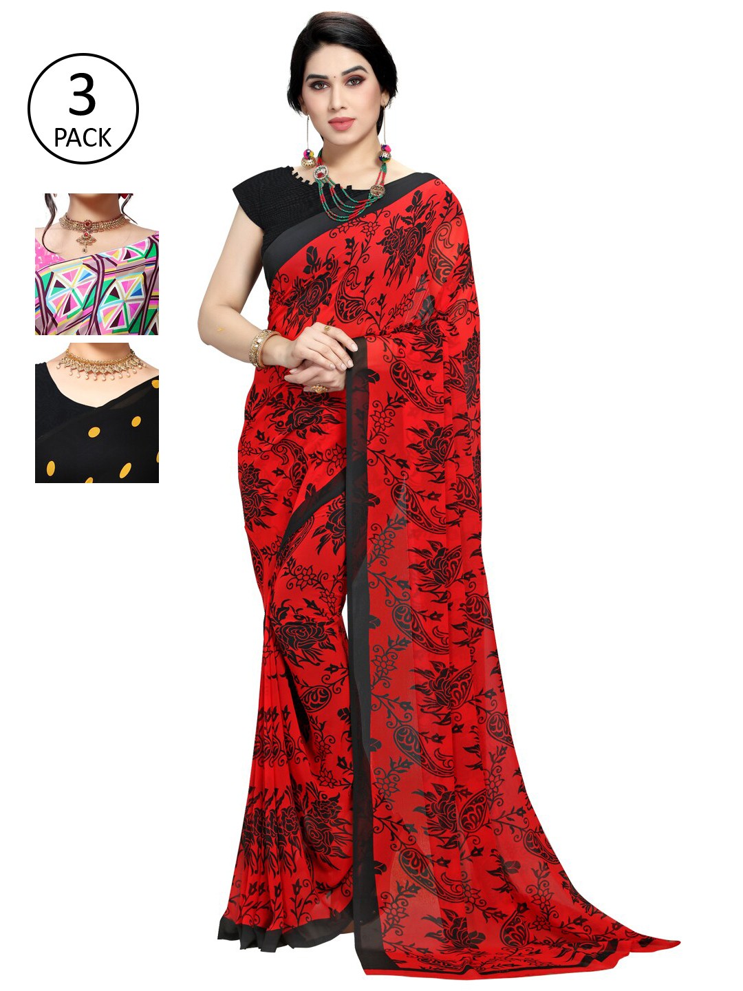 

KALINI Pack of 3 Printed Sarees, Pink