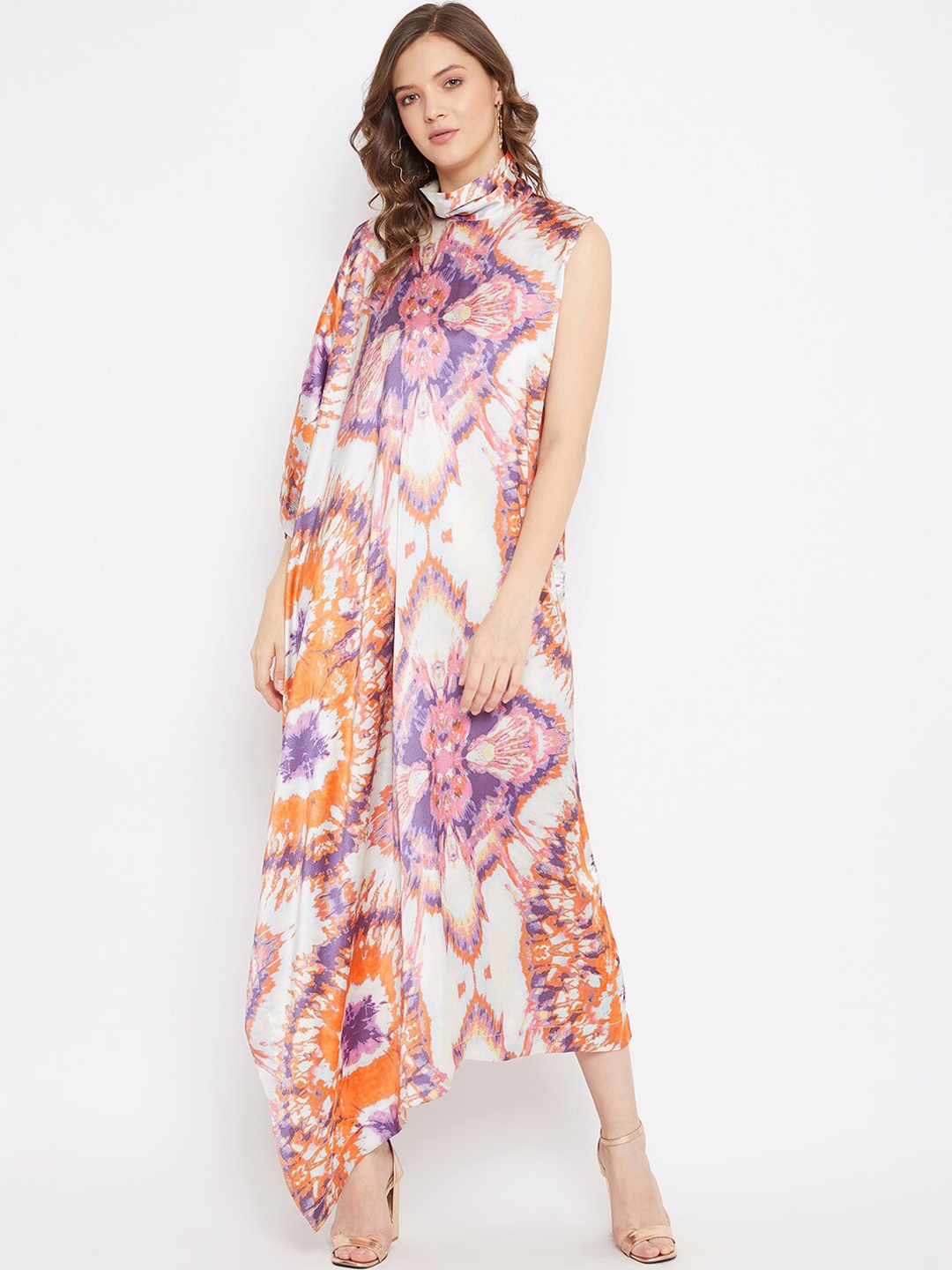 

THE SILHOUETTE STORE White Tie and Dye Satin One Sided Kaftan Dress