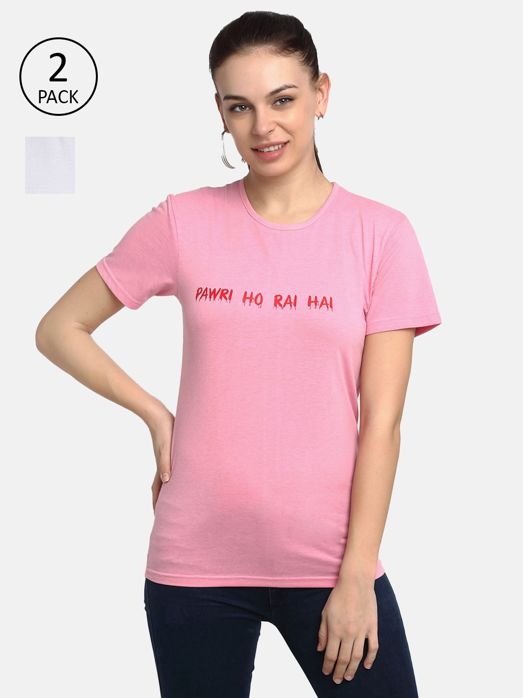 

VIMAL JONNEY Women Pack Of 2 Pink & White Typography Printed T-shirt