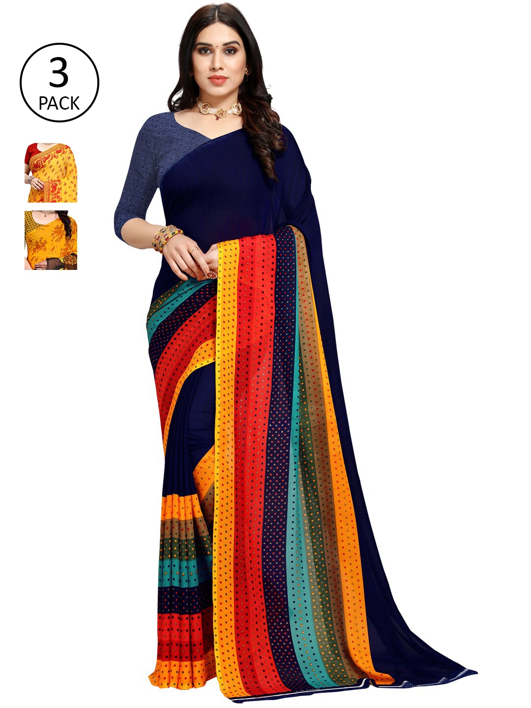 

KALINI Pack of 3 Poly Georgette Saree, Yellow