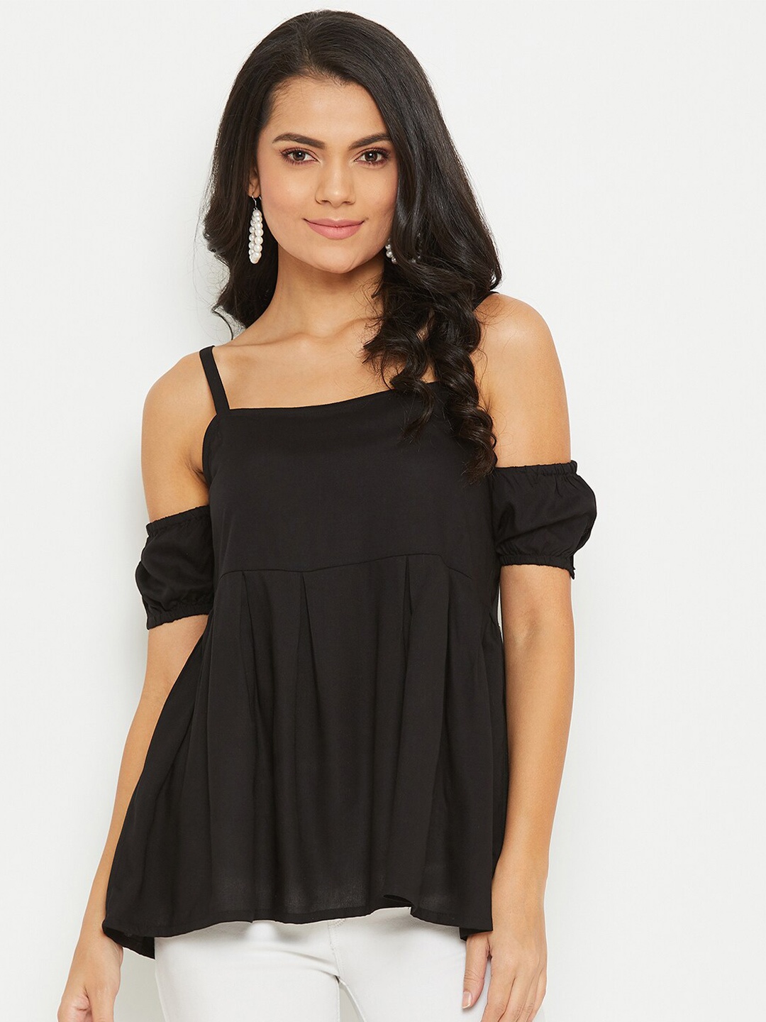 

PANIT Black Shoulder Straps With Off Shoulder Puff Sleeves A-Line Top