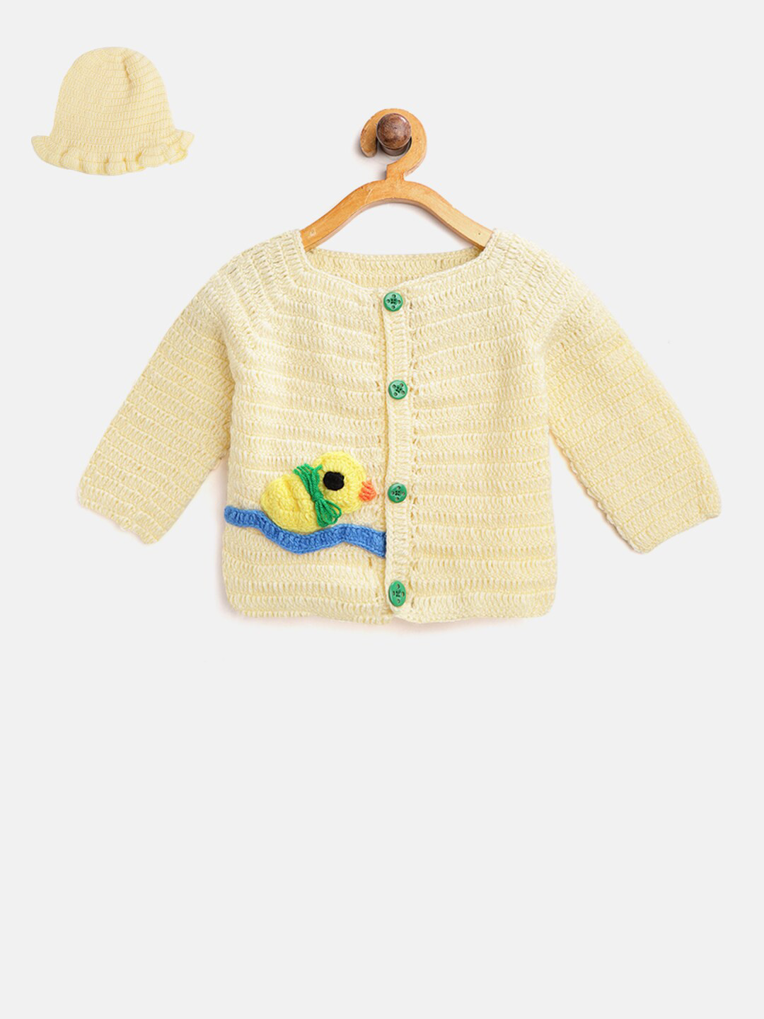 

CHUTPUT Unisex Kids Yellow Woolen Cardigan with Embroidered Detail