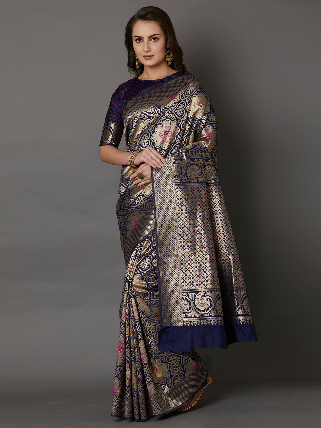

Mitera Navy Blue & Gold-Toned Floral Silk Blend Saree