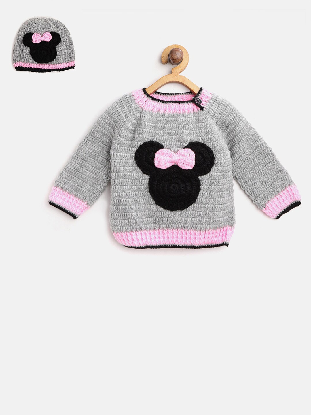 

CHUTPUT Kids Grey & Pink Minnie Knitted Crochet Wool Sweater with Beanie