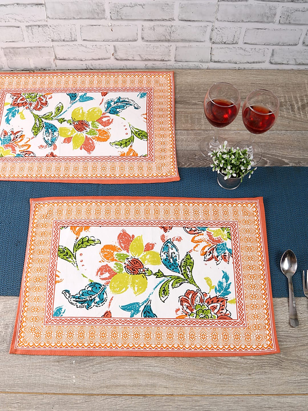 

HOME AFFAIRS Set Of 6 Orange & White Ethnic Motifs Cotton Table Placemats, Yellow