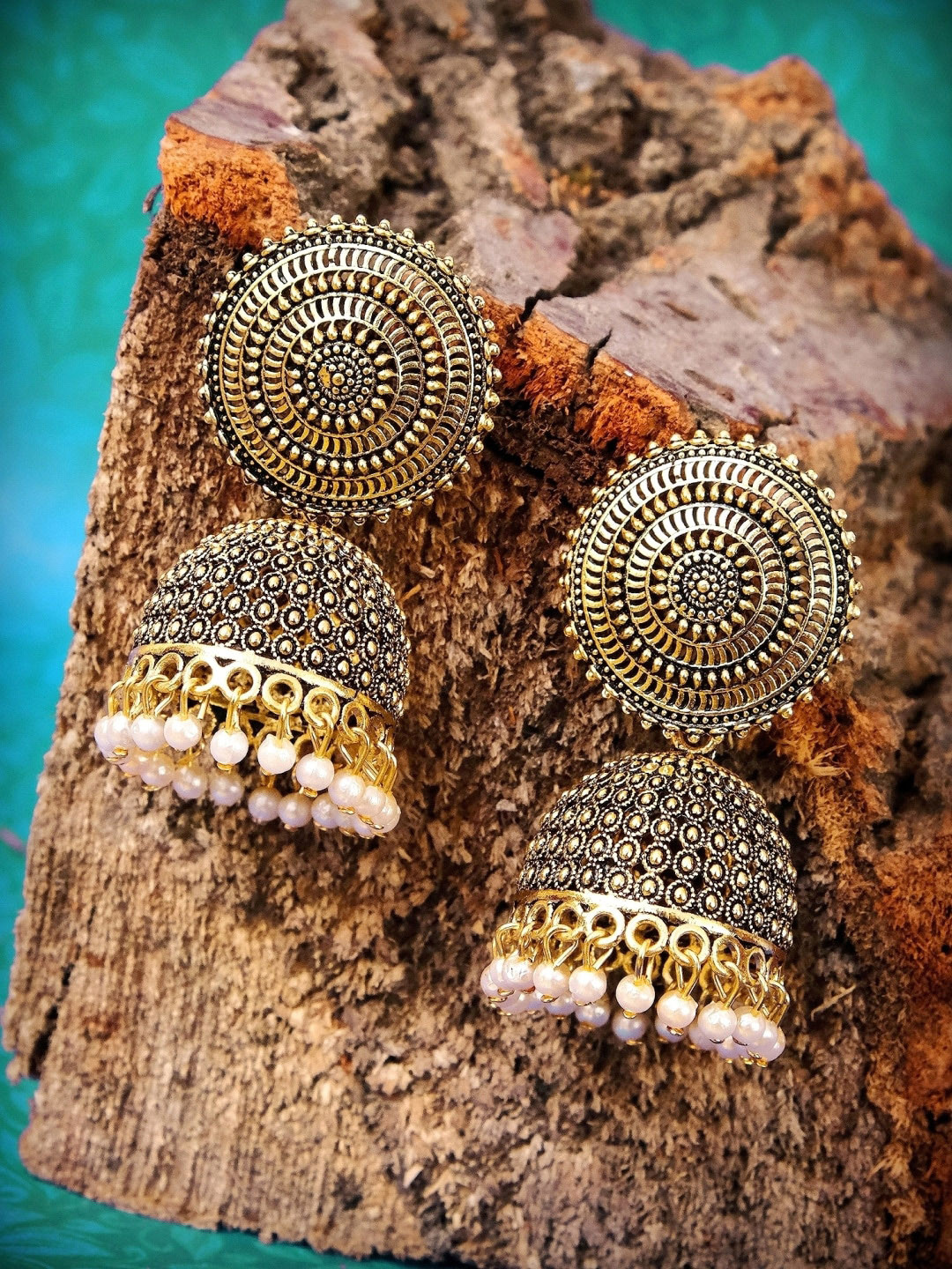 

Crunchy Fashion Antique Gold-Plated Beaded Dome-Shaped Jhumkas