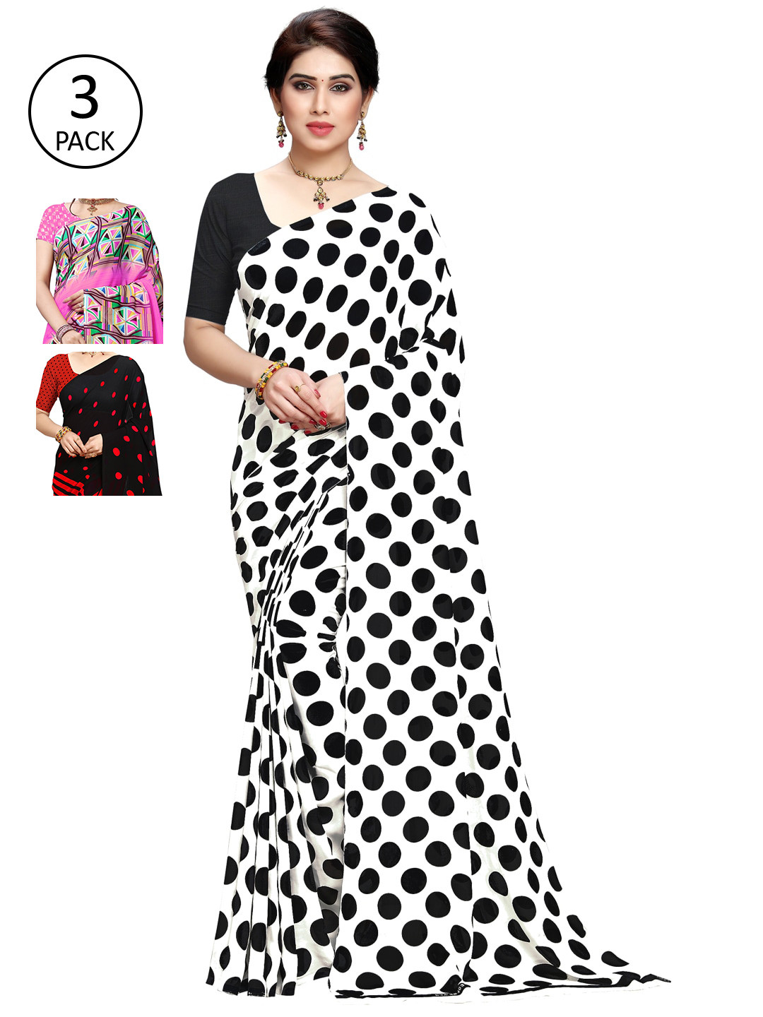 

KALINI White & Black Pack of 3 Printed Sarees