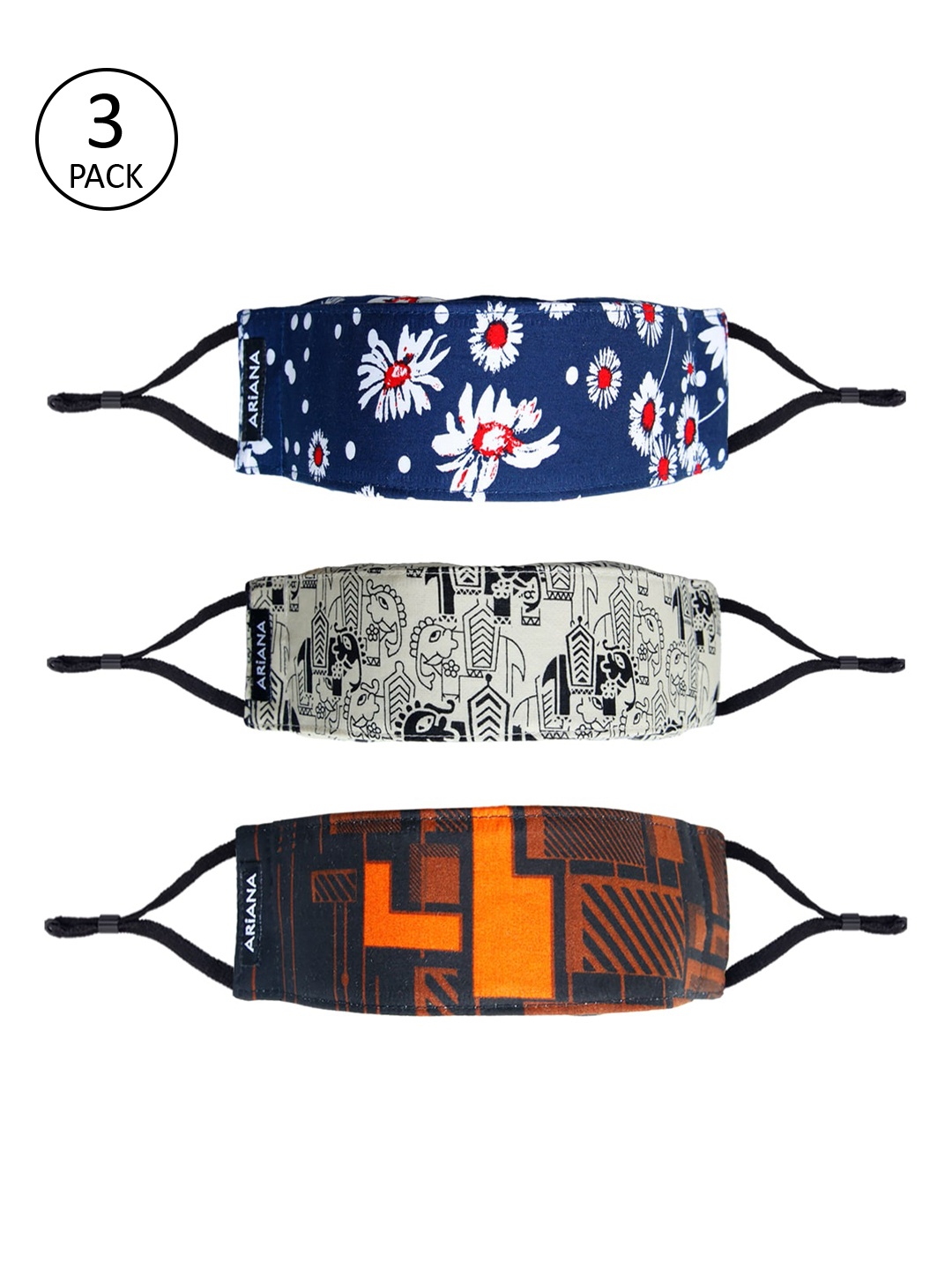 

Ariana Unisex Pack Of 3 Printed 7-Ply 3-D Outdoor Reusable Cloth Face Masks, Blue