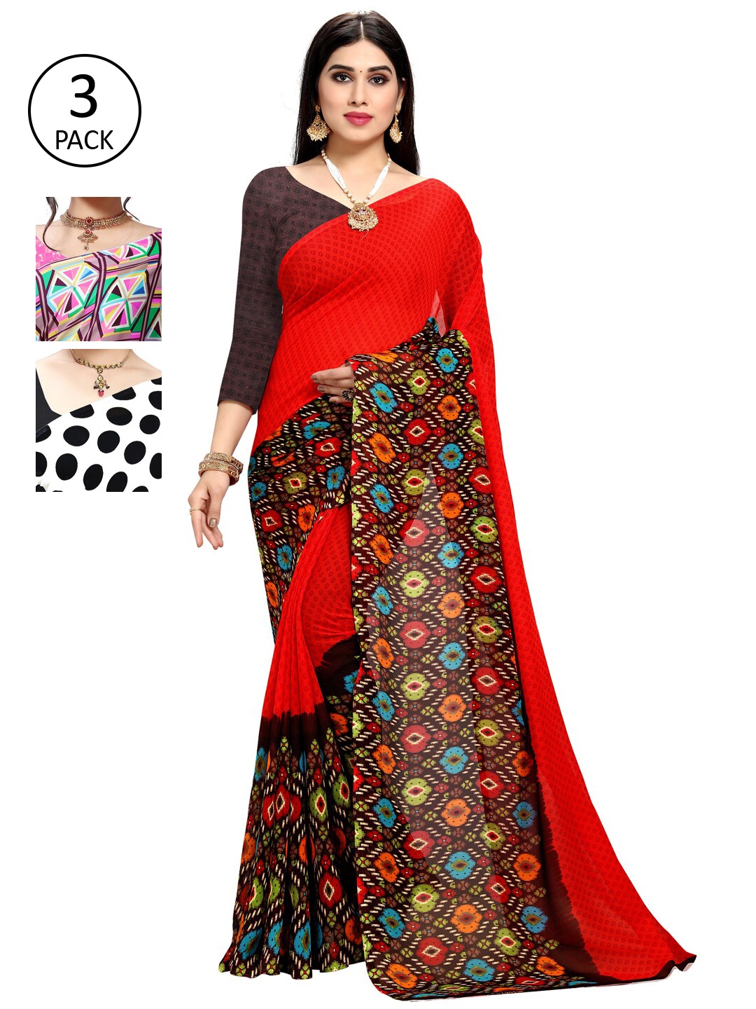 

KALINI Pack Of 3 White & Red Saree