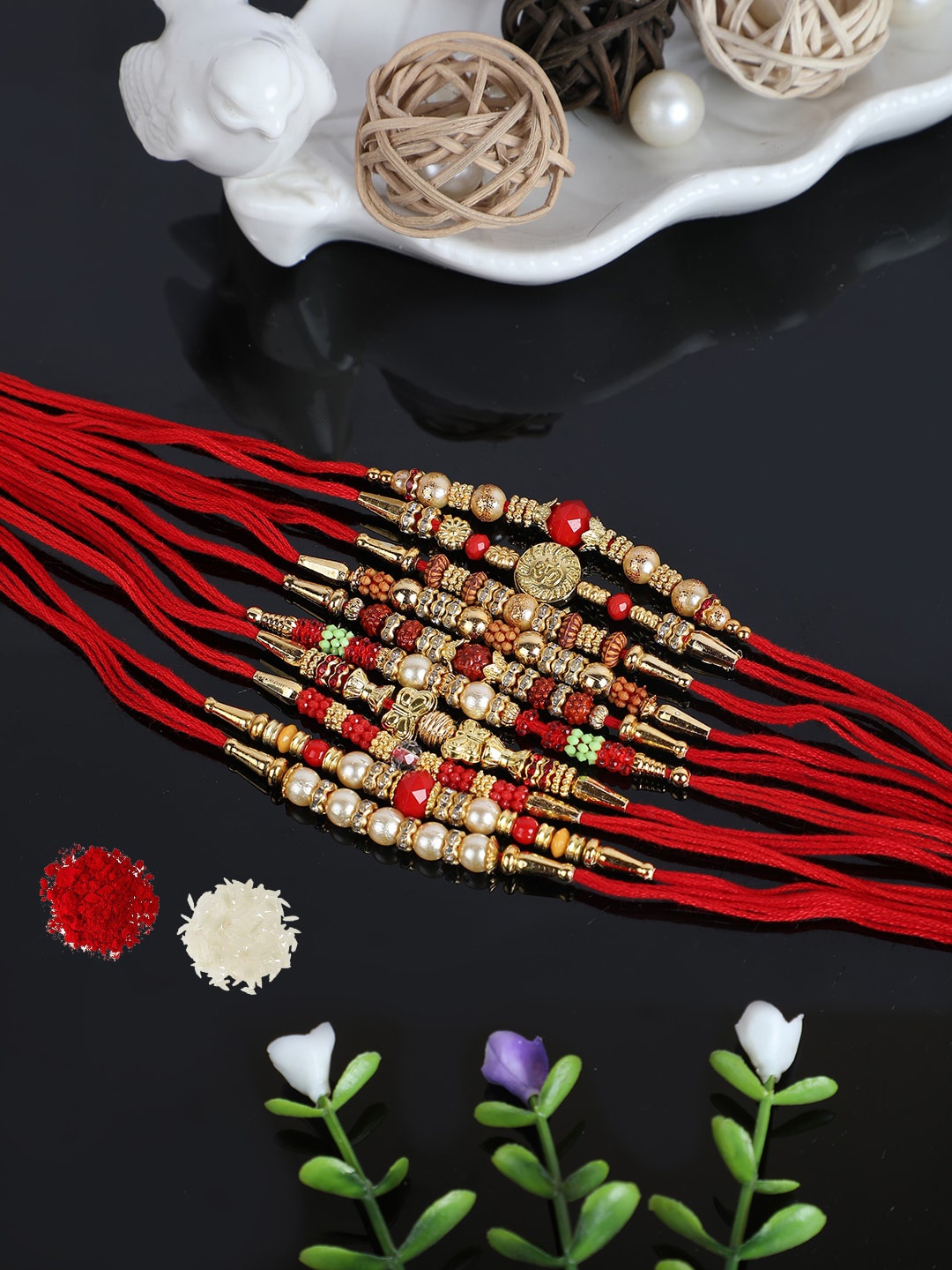 

PASSION PETALS Men Set of 10 Red & Gold-Toned Dori Rakhis