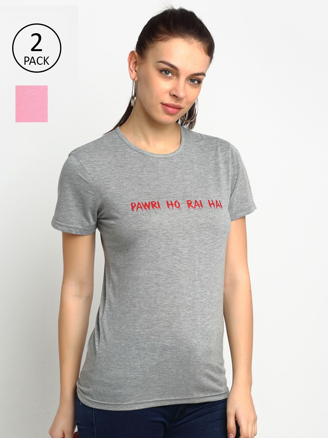 

VIMAL JONNEY Women Set of 2 Grey Melange & Pink Typography Printed T-shirts