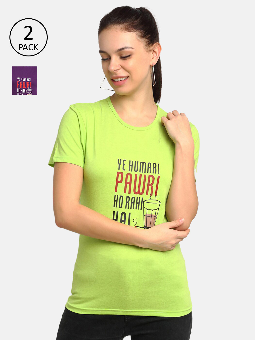 

VIMAL JONNEY Women Pack of 2 Green & Purple Typography Printed T-shirt