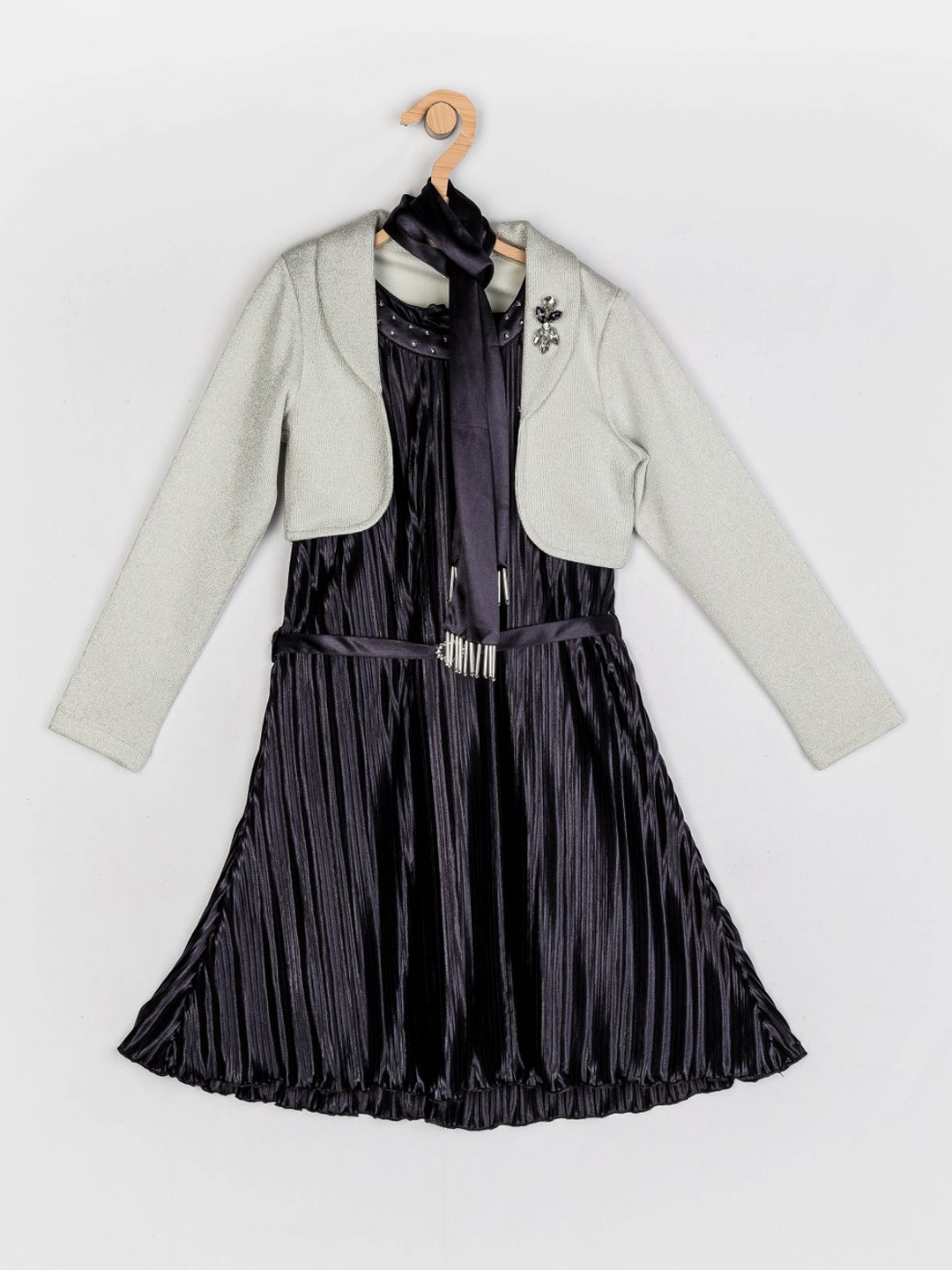 

Peppermint Grey & Black Solid Satin Accordion Pleats A-Line Dress With Shrug