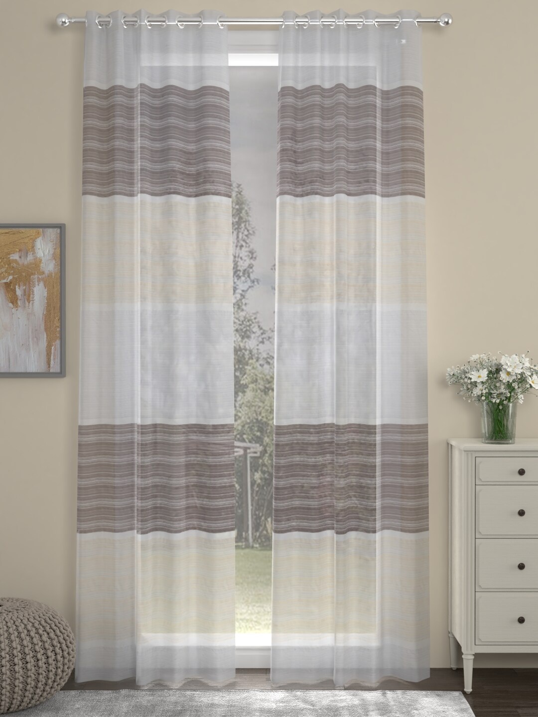 

ROSARA HOME White & Brown Set of 2 Striped Sheer Long Door Curtain