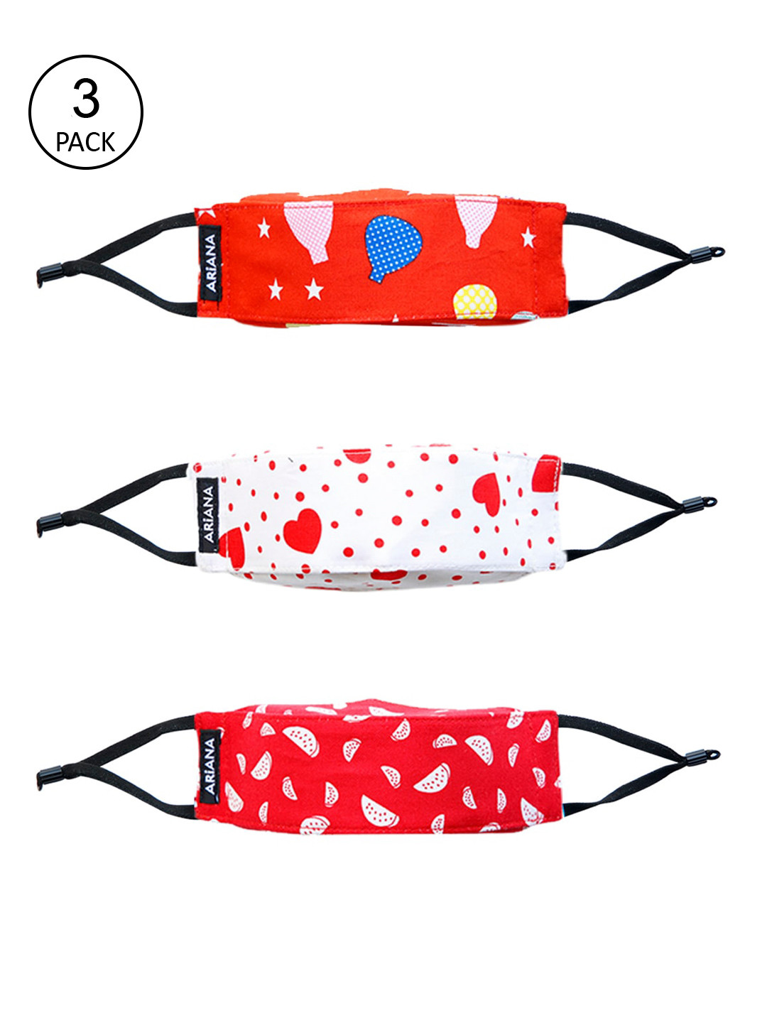 

Ariana Kids Pack Of 3 7-Ply 3D Cotton Reusable Cloth Face Masks, Red