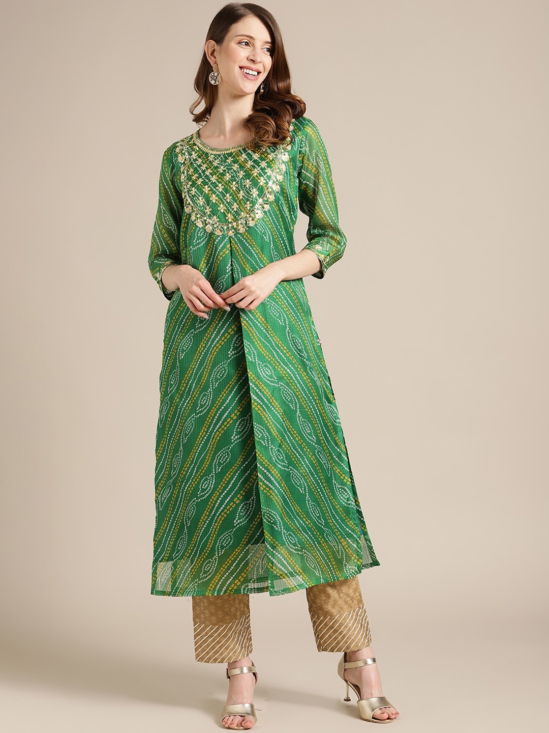 

Varanga Women Green & Yellow Leheriya Printed A Line Kurta
